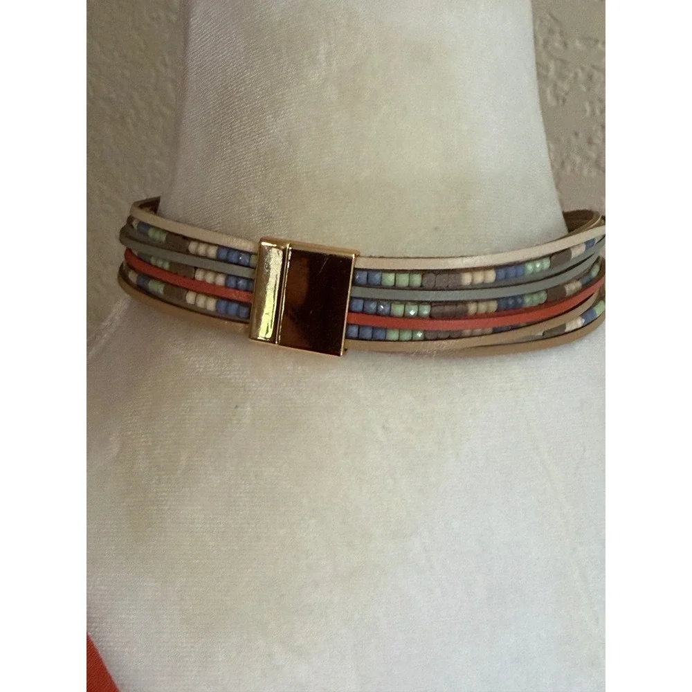 Multi-Strand‎ Leather Beaded Choker Necklace Womens Multicolor Boho